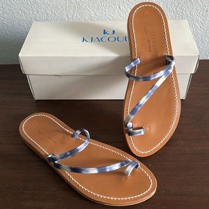 New French Actium Flat Leather and Inkat Fabric Sandal in Arat Bleu by K Jacques